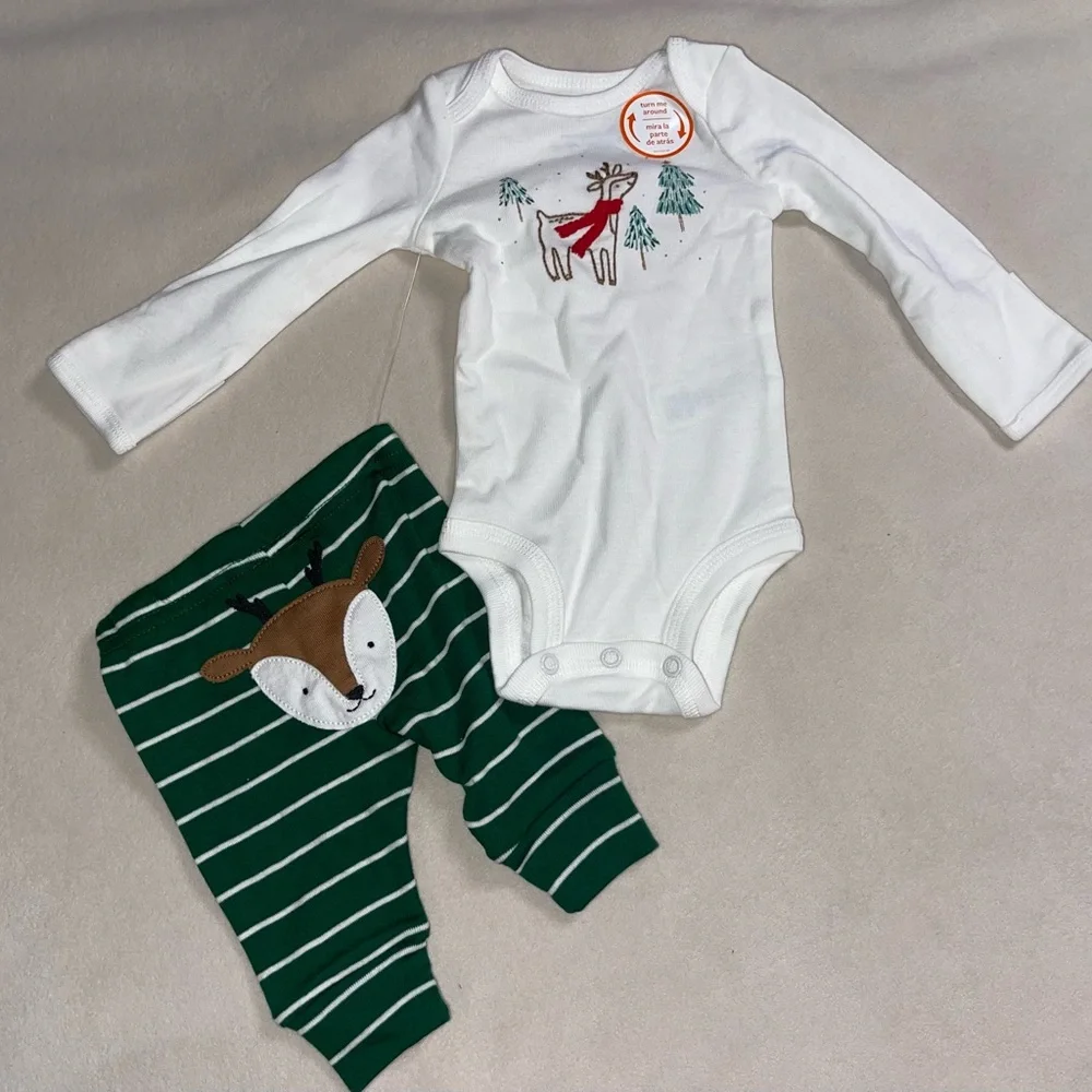 Carter's White and Green Reindeer Matching Set - Picture 1 of 5